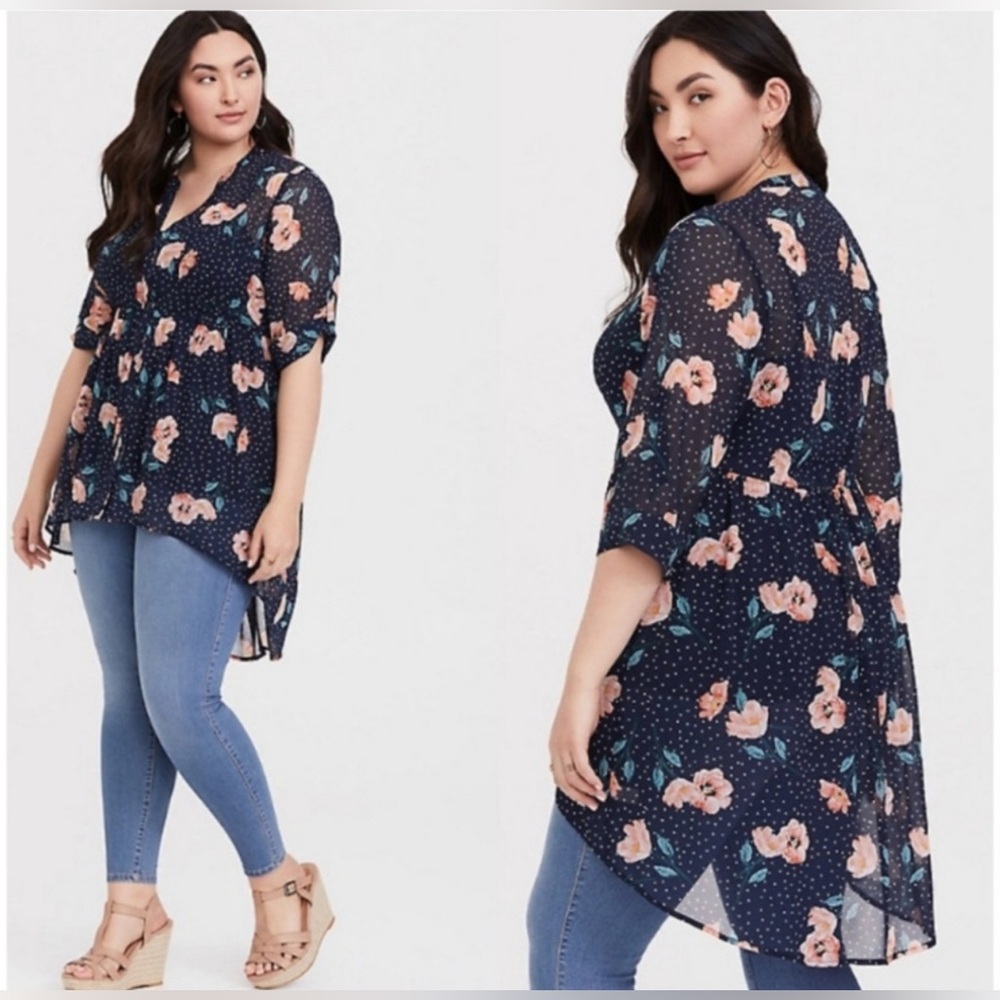 Torrid Navy Chiffon Floral Dot Sheer Tunic Top Blouse size 0  0X - Picture 2 of 11